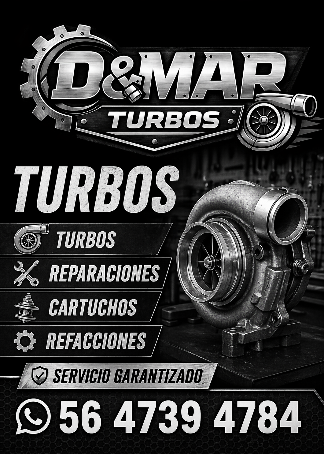 Turbocompresor de automóvil plateado sobre mostrador en taller mecánico.