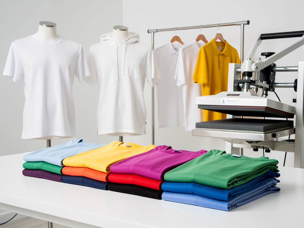 Colorful blank t-shirts and polo shirts folded on a table with mannequins and heat press machine in custom apparel printing studio