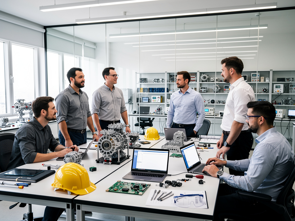 Equipo de ingenieros en laboratorio moderno revisando prototipos mecánicos, laptops y cascos de seguridad