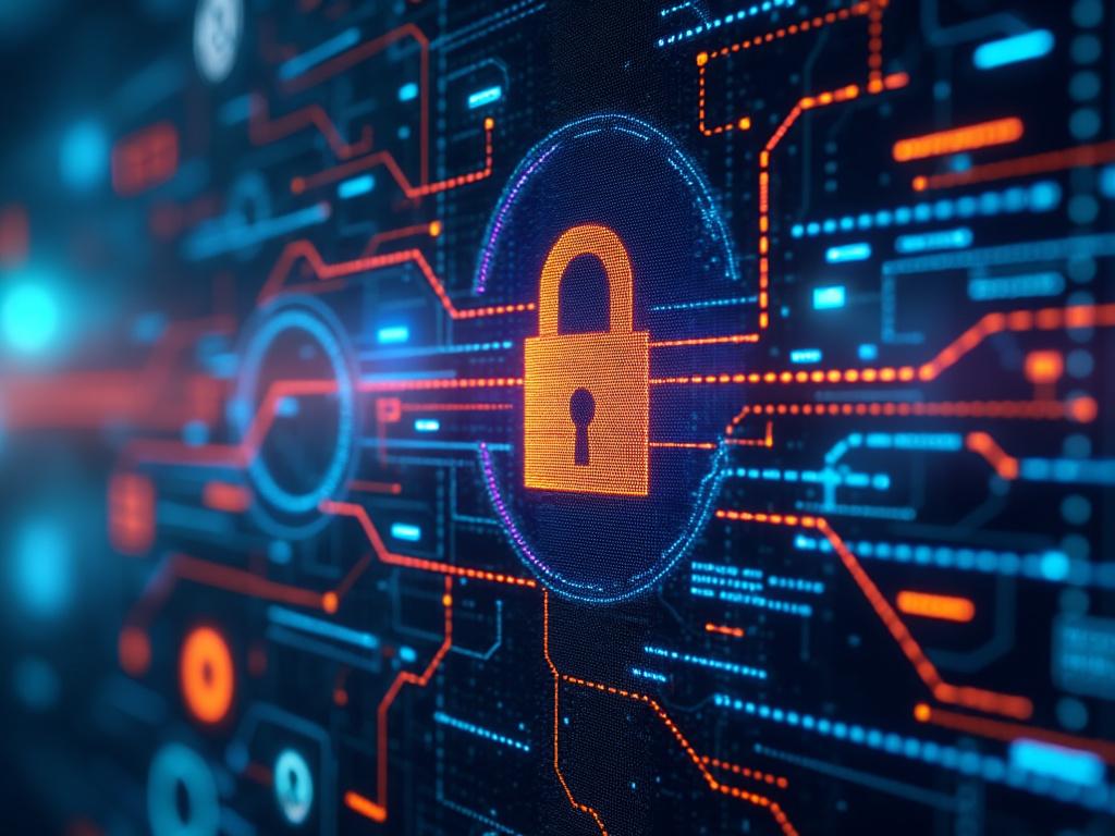 Imagen de un candado naranja digital en un fondo azul oscuro con circuitos tecnológicos, representando seguridad y protección cibernética. Imagen de un candado naranja digital en un fondo azul oscuro con circuitos tecnológicos, representando seguridad y protección cibernética.