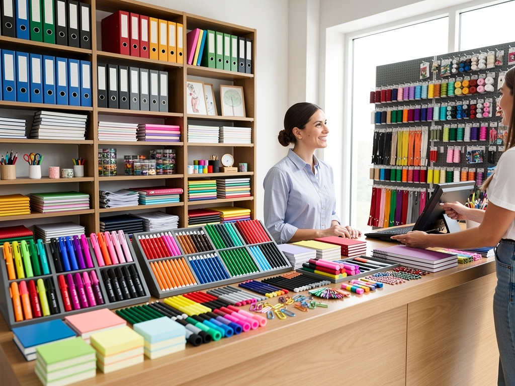 Tienda de papelería con mostrador lleno de rotuladores, cuadernos y material escolar, atendida por una empleada a una clienta
