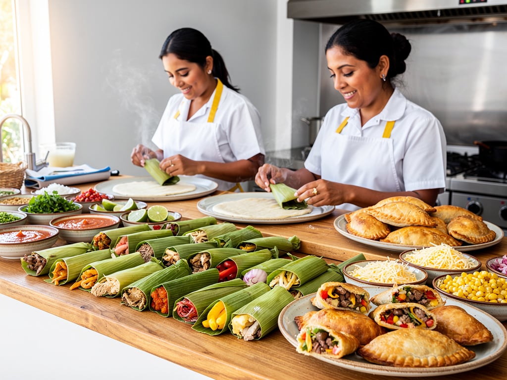 Cocineras preparando tamales y empanadas artesanales en cocina con ingredientes frescos y salsas mexicanas