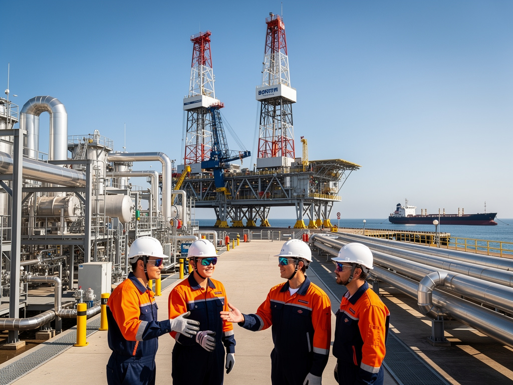 Trabajadores con casco en plataforma petrolera offshore con tuberías industriales, torres de perforación y buque en el mar
