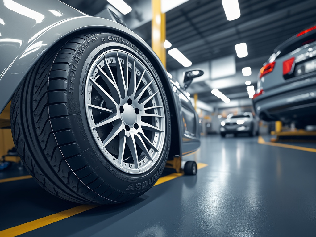 Primer plano de neumático y llanta de aleación de un coche en taller mecánico con vehículos en mantenimiento