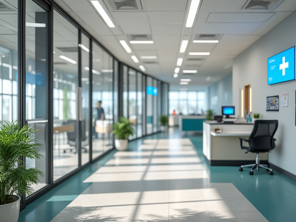 Recepción moderna de una clínica médica con plantas, escritorio y puertas de vidrio. Recepción moderna de una clínica médica con plantas, escritorio y puertas de vidrio.
