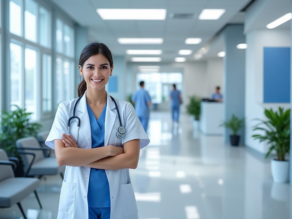 Médica sonriente con bata y estetoscopio en pasillo de hospital moderno.