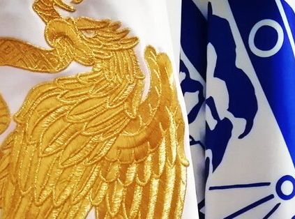 Bandera con escudo dorado de un águila y diseño azul, junto a una estantería con libros de diferentes tamaños y colores.