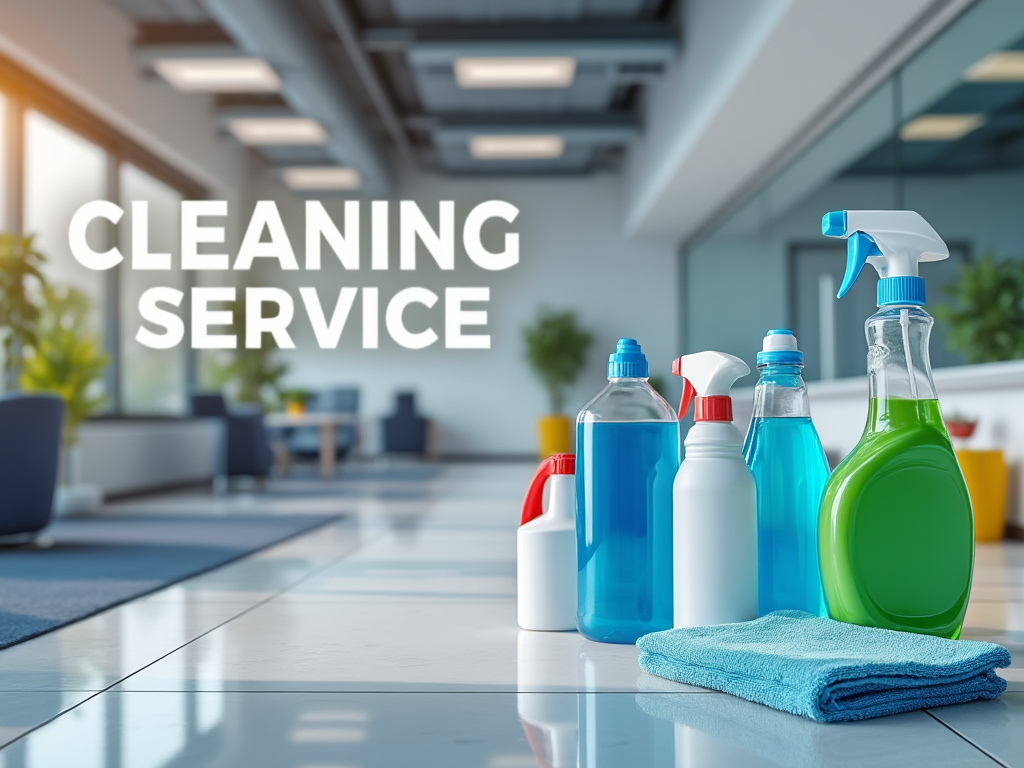 Productos de limpieza alineados en un piso brillante de una oficina moderna con el texto 'Cleaning Service' al fondo.