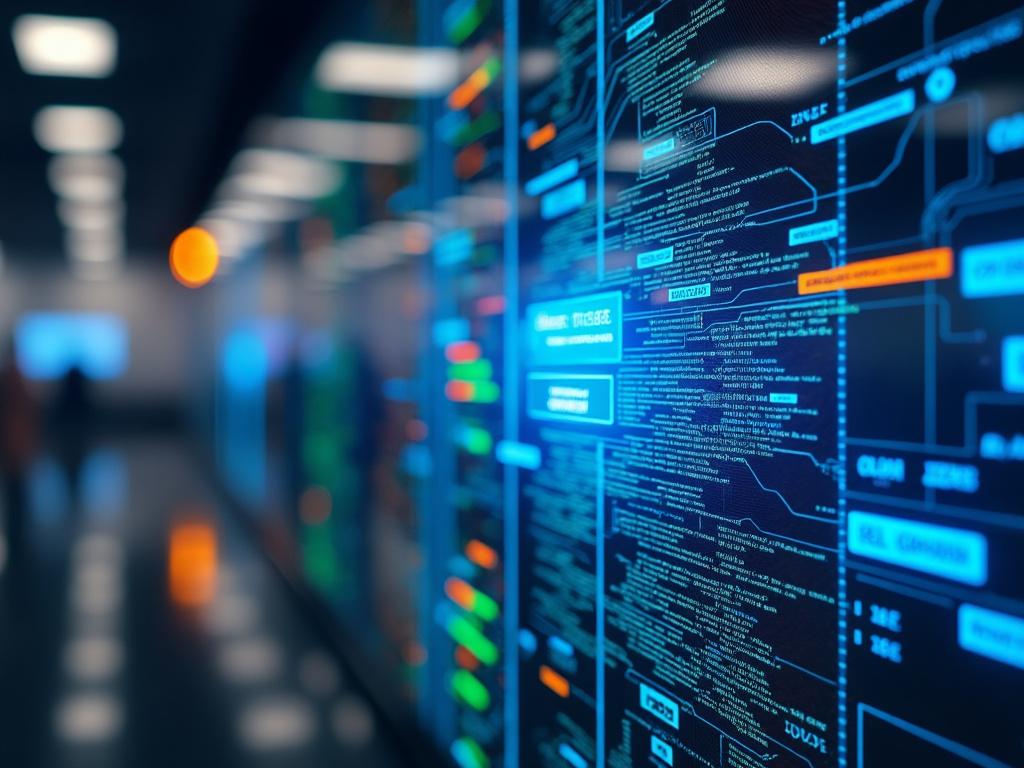 Pantalla de datos y códigos en un centro de datos moderno, resaltando tecnología avanzada y procesos digitales. Pantalla de datos y códigos en un centro de datos moderno, resaltando tecnología avanzada y procesos digitales.