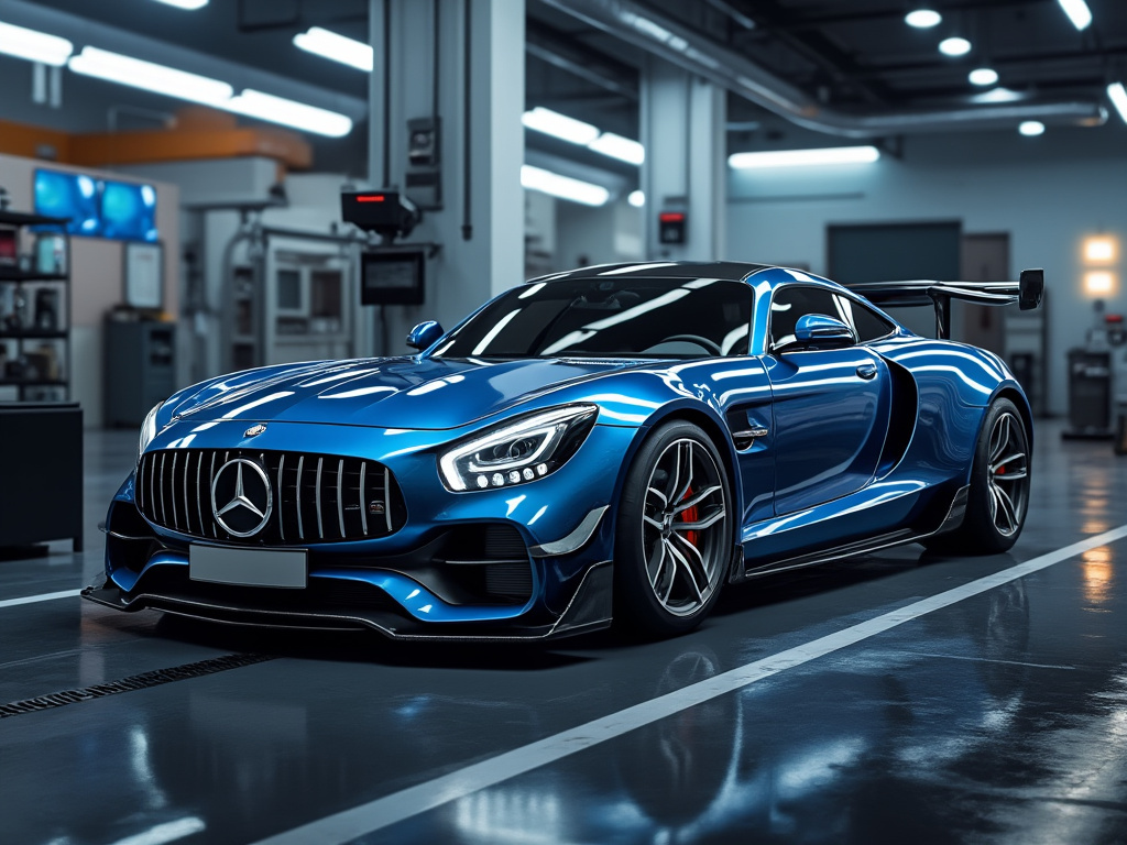 Mercedes-AMG GT azul en taller moderno, coche deportivo de lujo con alerón y luces LED