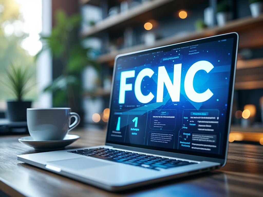 Computadora portátil en mesa de madera con pantalla mostrando 'FCNC', acompañada de una taza de café en un ambiente de oficina moderna.