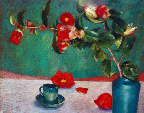 Devon Camellias by Katherine Tyrrell (Pastel 19.5" x 25.5") Private Collection