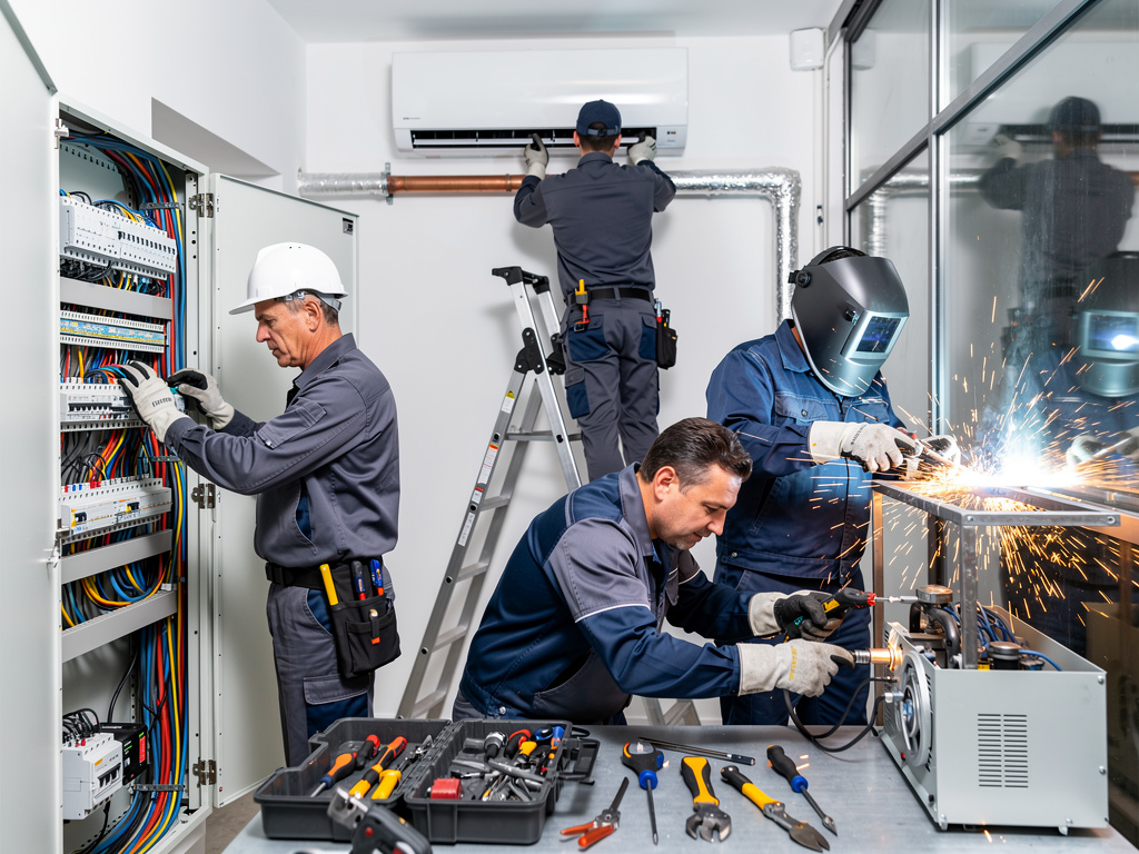 Técnicos industriales realizando mantenimiento eléctrico, instalación de aire acondicionado, soldadura y reparación de maquinaria en taller