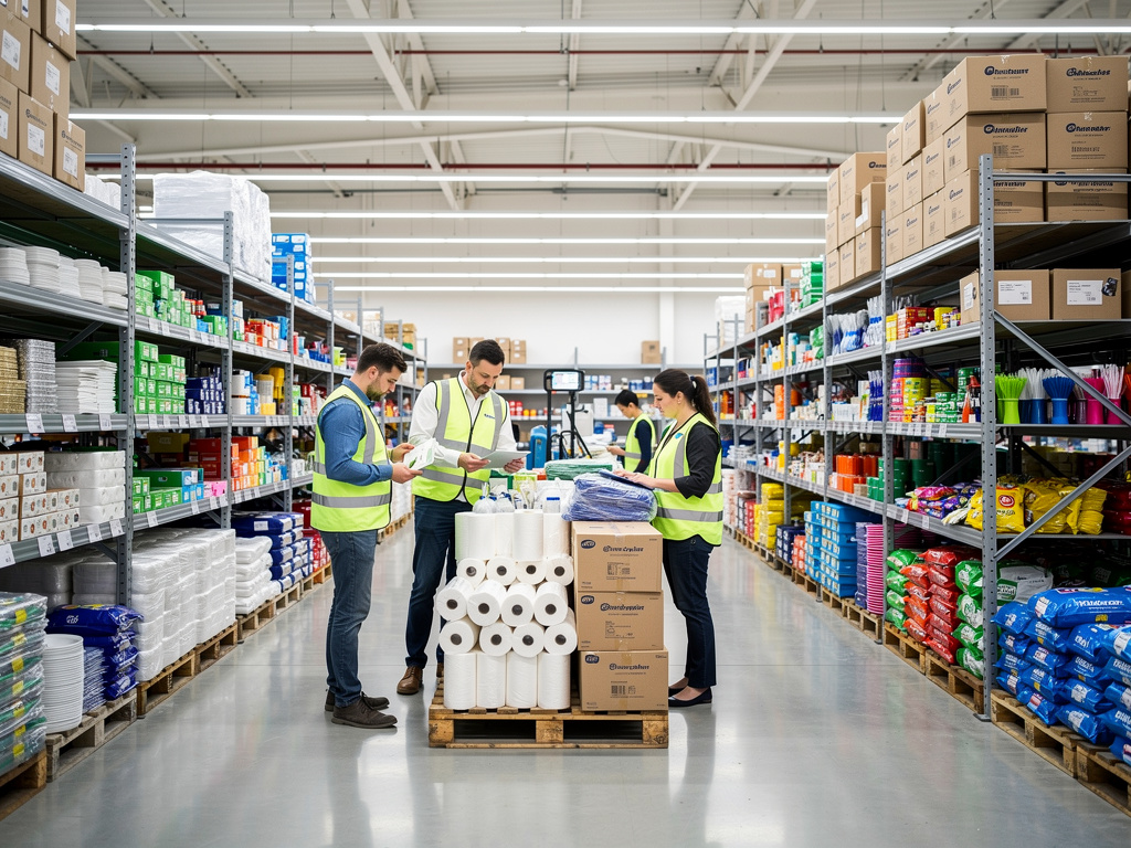 Empleados con chalecos revisan inventario en almacén mayorista con estanterías de productos de limpieza y suministros