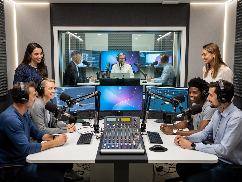Equipo de locutores grabando un podcast en estudio de radio profesional con micrófonos, auriculares y mesa de mezclas