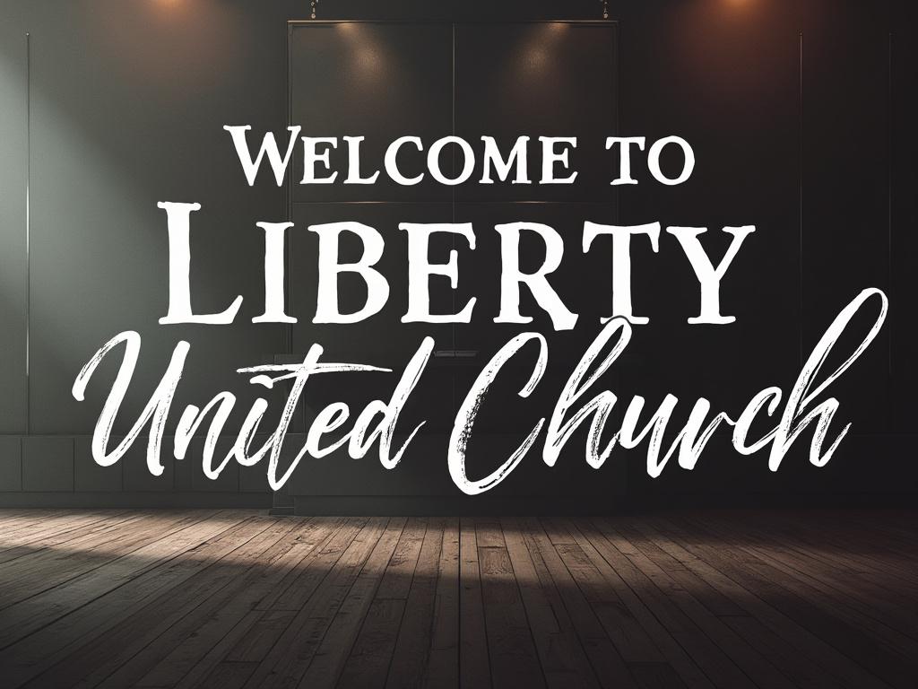 Welcome to Liberty United Church text on a dark background with wooden floor.