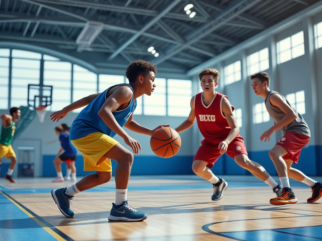 Group of young athletes playing basketball in a sunlit indoor court, with one player dribbling the ball.