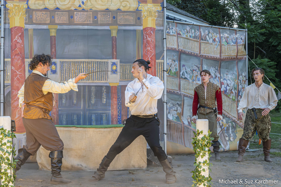 Matt Werner as Mercutio.; Henry Silberstein as Tybalt,; James Seufzer as Benvolio and Reid Williams as Romeo