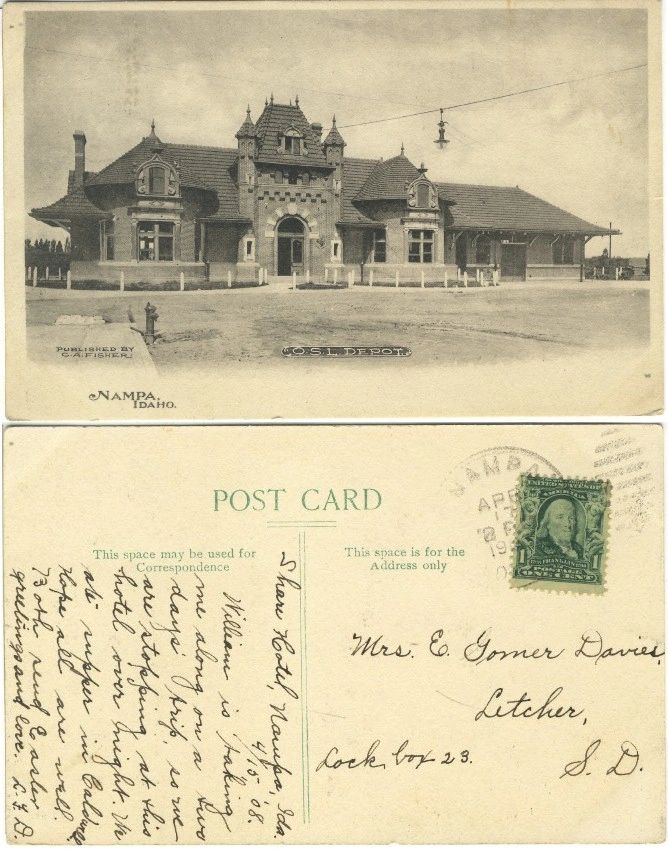 1908 postcard of the Nampa Train Depot, built in 1903