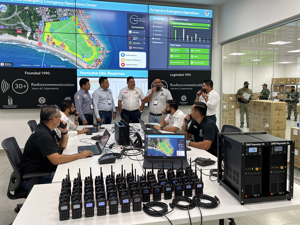 Centro de operaciones de emergencia en Acapulco con radios de comunicación, mapas digitales y equipo coordinando respuesta al huracán Otis