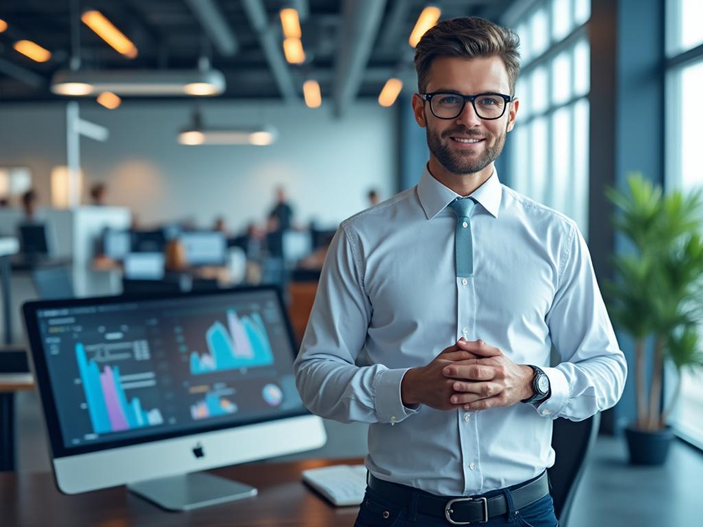 Hombre con gafas y camisa blanca en oficina moderna, acompañado de ordenador con gráficos de datos en pantalla.