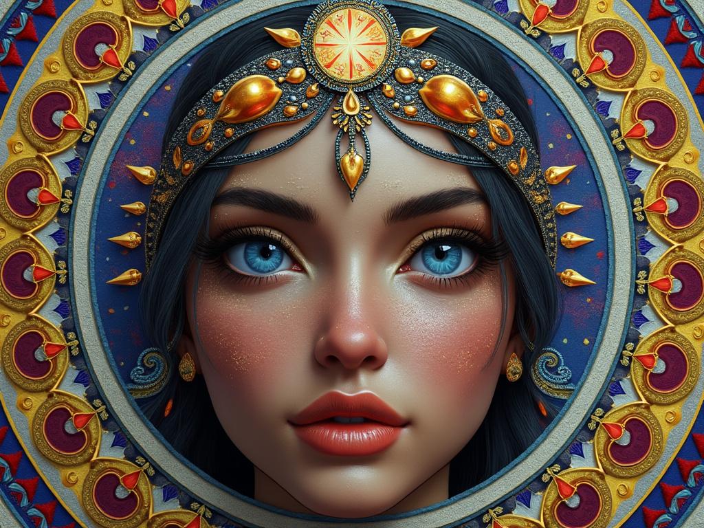 Digital artwork of a woman with blue eyes and ornate headpiece, surrounded by a decorative, colorful mandala pattern.