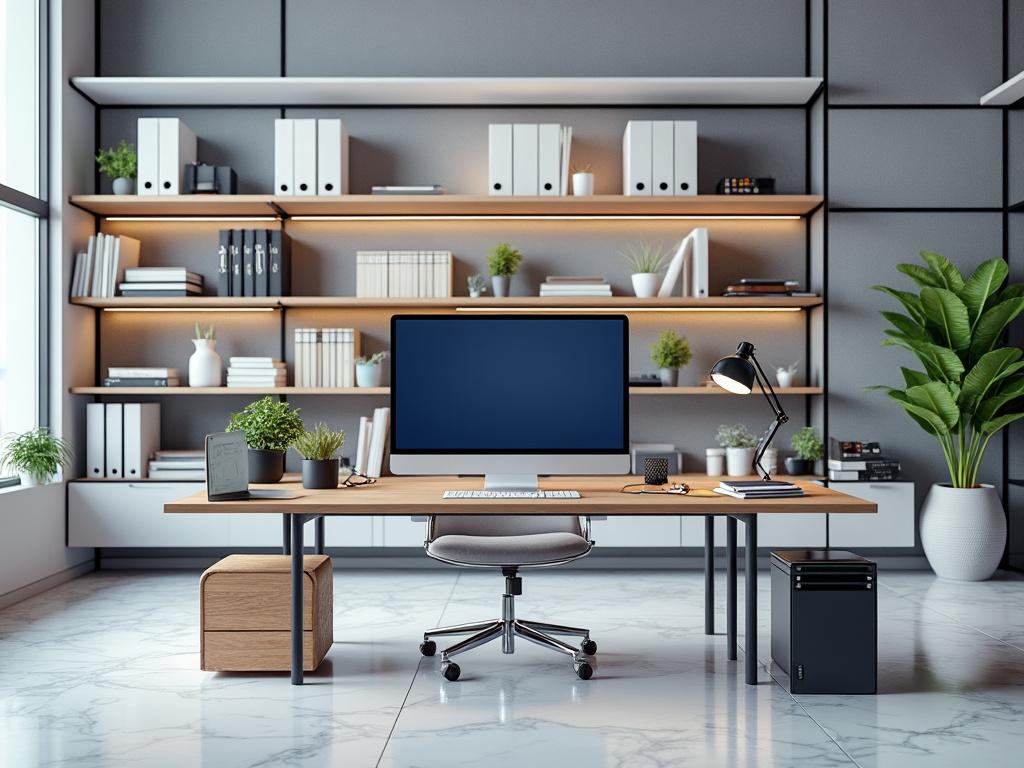 Oficina moderna con escritorio de madera, pantalla de ordenador, lámpara de mesa, estante con libros y plantas, y suelo de mármol.