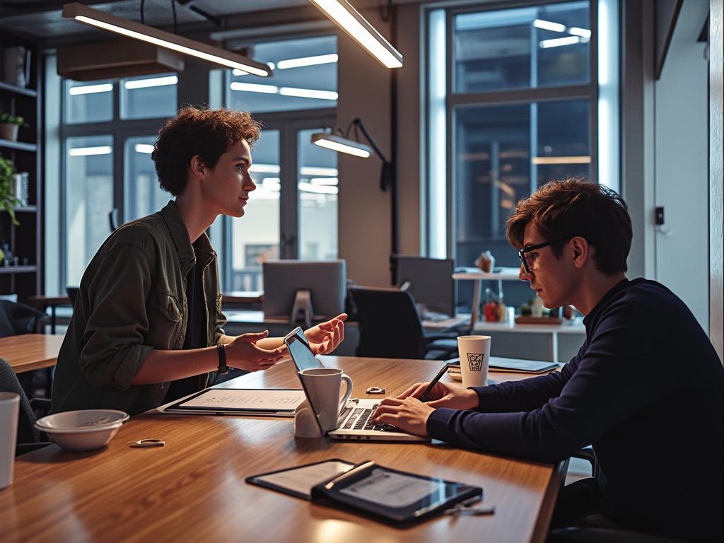 Two people collaborating in a modern office with laptops and coffee cups on a wooden desk, surrounded by bright natural light from large windows.
