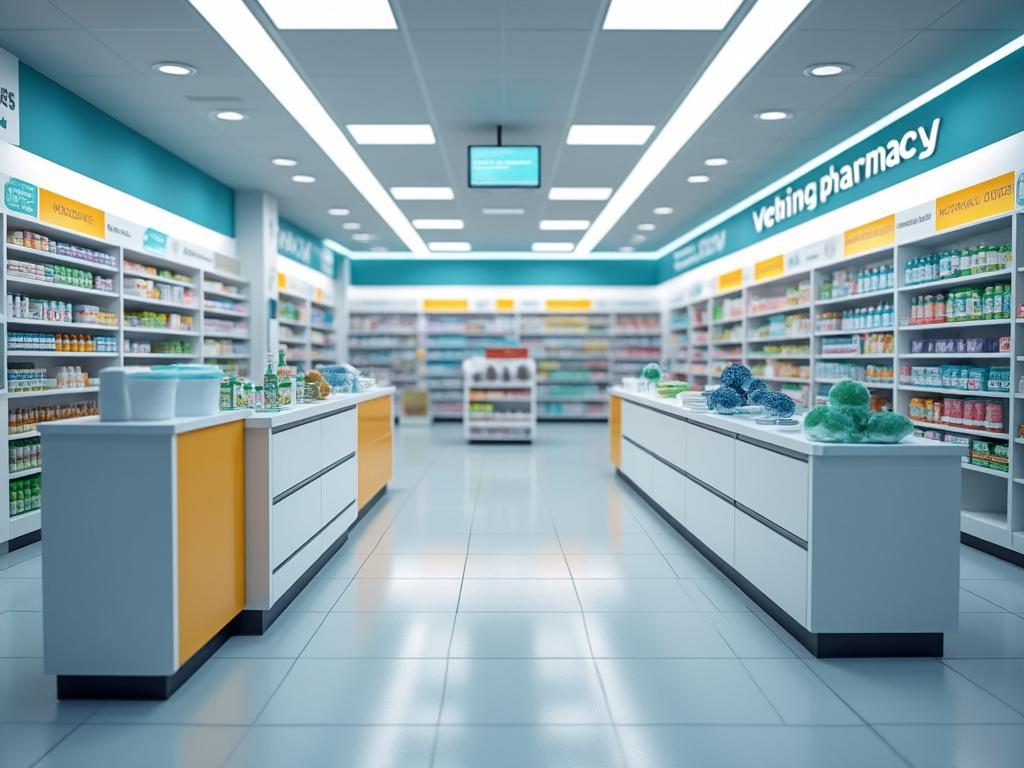 Interior de una farmacia moderna con estantes llenos de productos y mostradores en el centro.