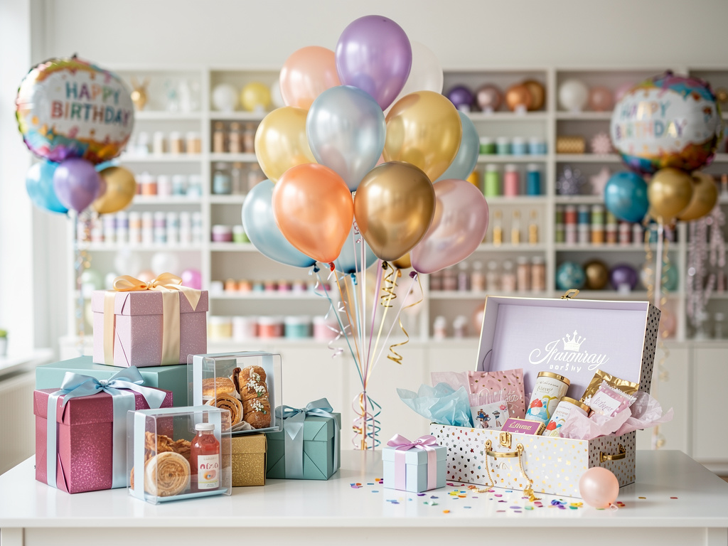 Mesa de cumpleaños decorada con globos pastel, cajas de regalo y cesta de productos para fiesta