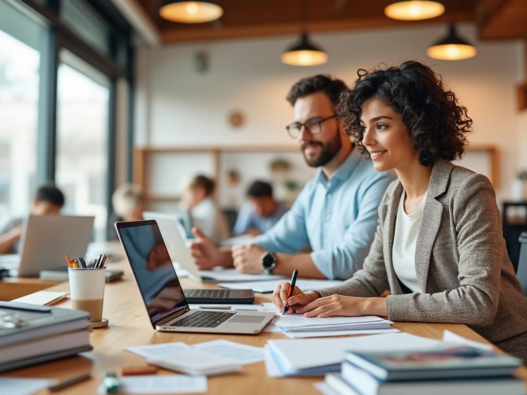 Personas trabajando en oficina moderna con portátiles y documentos, ambiente colaborativo.