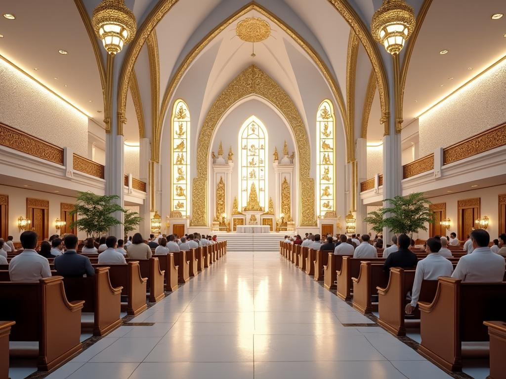 Interior de una iglesia con decoración dorada, arcos altos y fieles sentados en bancos.