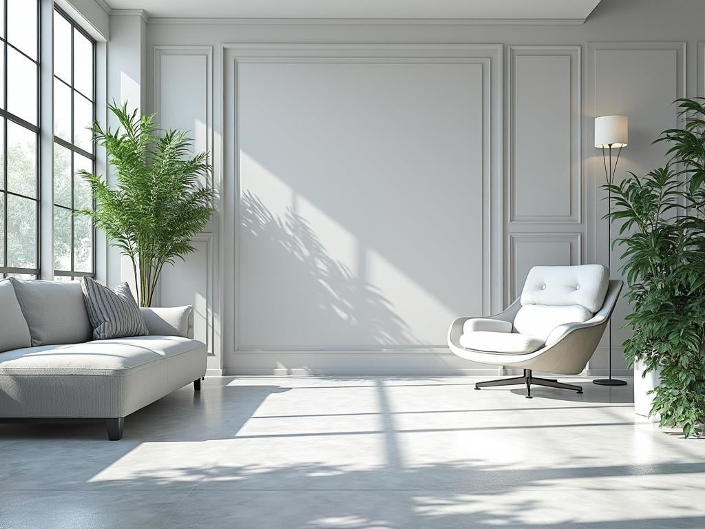 Sala de estar moderna con sillón blanco, sofá gris, plantas y ventana grande.