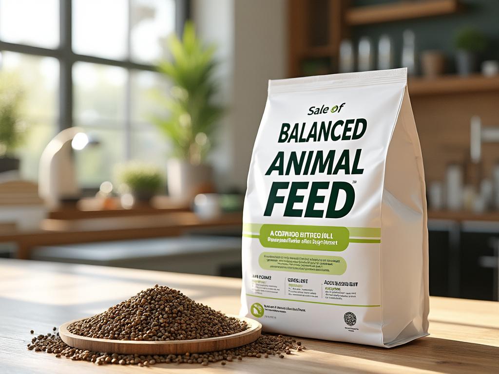 Bolsa de alimento balanceado para animales sobre una mesa de madera junto a un cuenco lleno de gránulos, con un fondo de cocina iluminada.