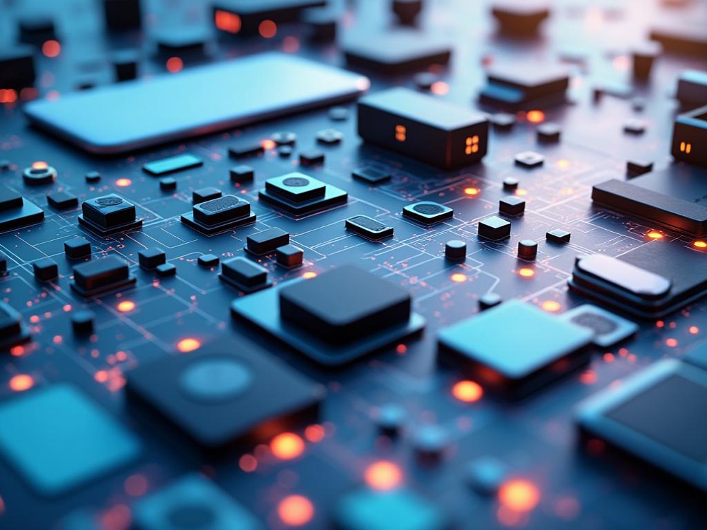 Circuito impreso con componentes electrónicos y luces LED brillando en un diseño futurista.