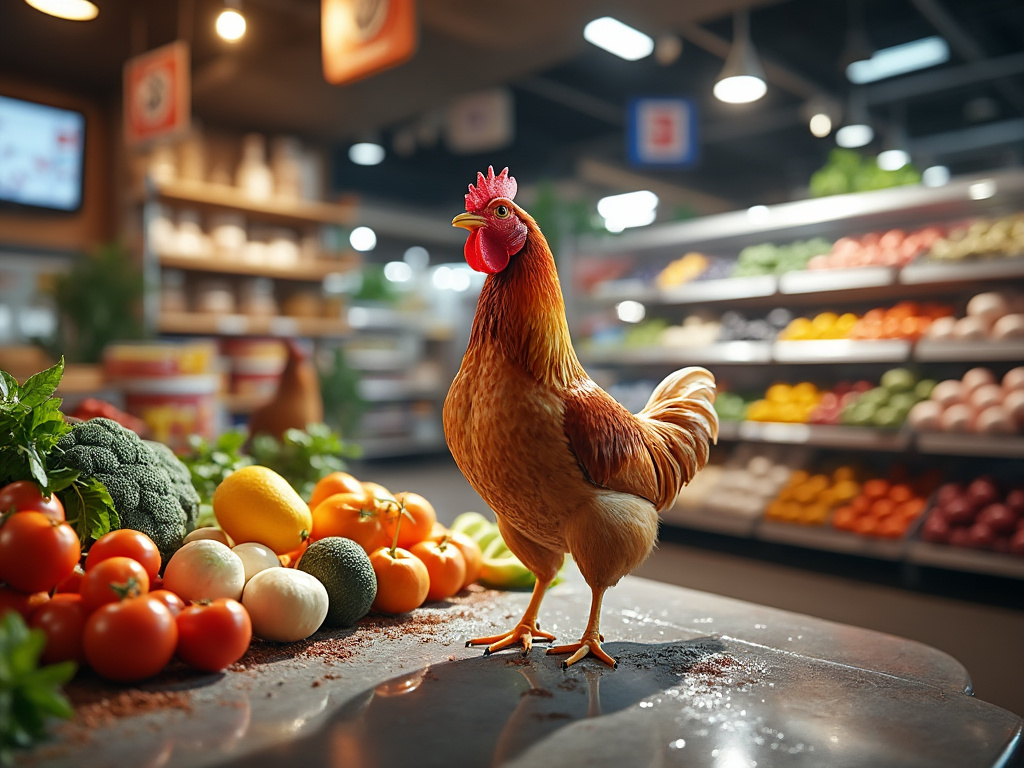 Gallo de pie en un supermercado, rodeado de verduras frescas como tomates, calabacines y brócoli, con estantes de productos en el fondo.