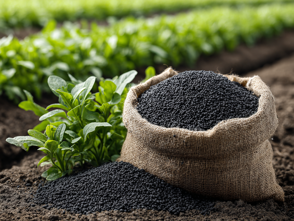 Saco de fertilizante orgánico granulado negro en campo agrícola con plantas verdes