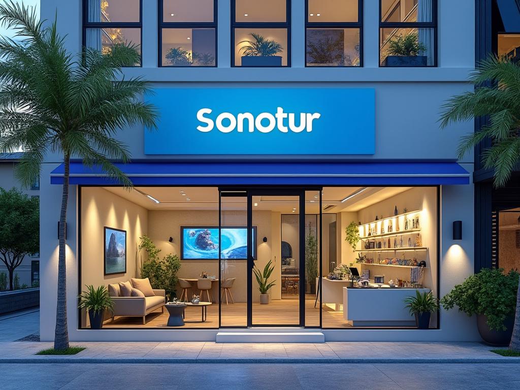 Fachada de una agencia de viajes moderna con el logotipo 'Sonotur', decoración interior visible y plantas a los lados.