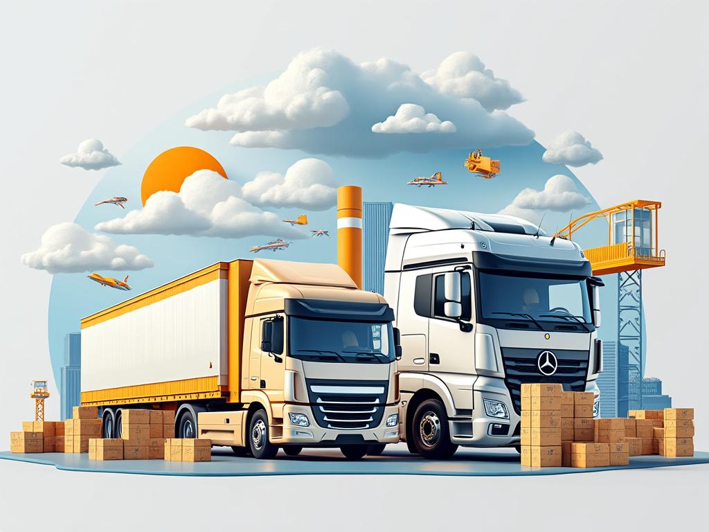 Ilustración de dos camiones de carga en un entorno industrial con cajas de cartón y maquinaria de construcción, cielo despejado y aviones volando.