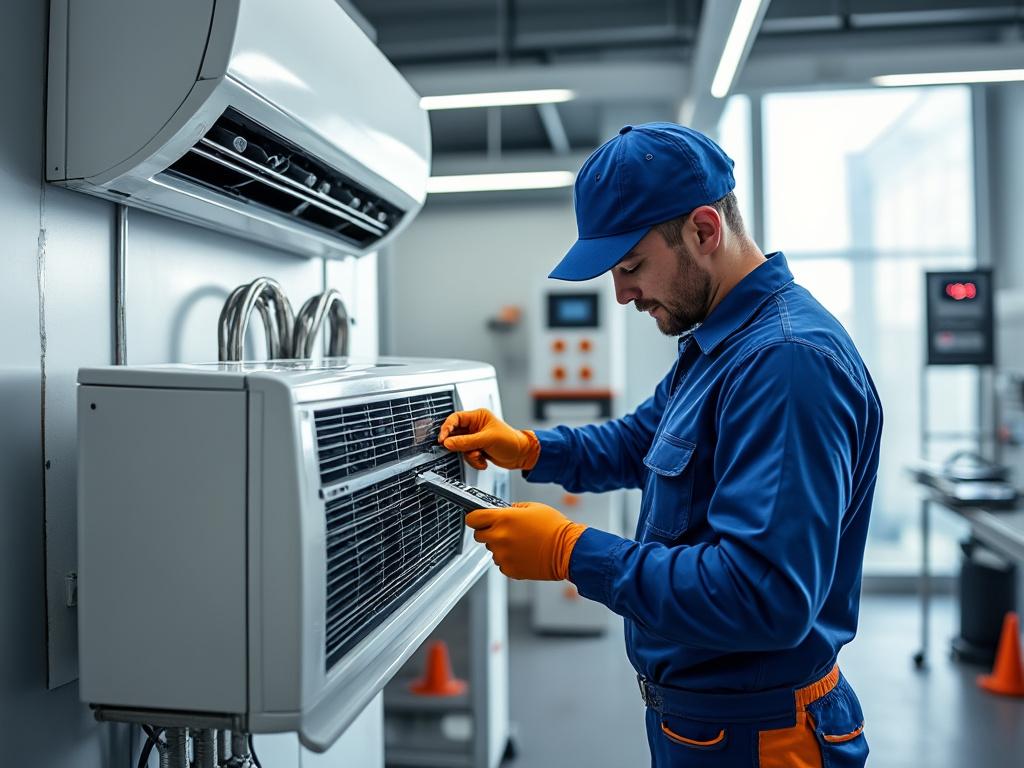 Técnico de mantenimiento trabajando en aire acondicionado en interior, con uniforme azul y guantes naranjas.