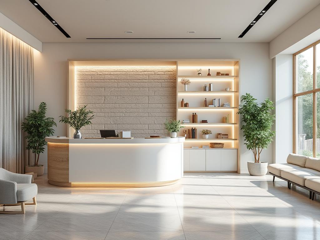 Recepción moderna con mostrador curvo, estantería iluminada, plantas decorativas, sillón gris y grandes ventanales.