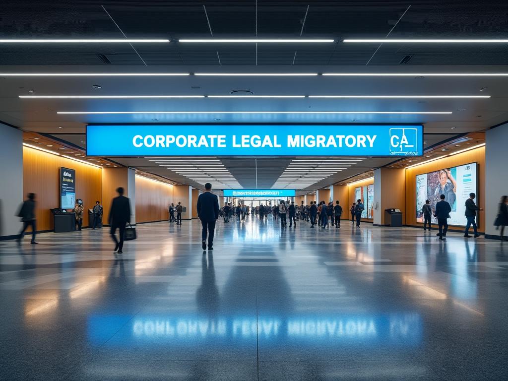 Pasillo de aeropuerto con letrero luminoso azul que dice 'Corporate Legal Migratory', rodeado de personas caminando.