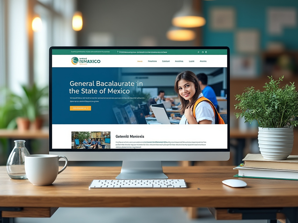 Monitor de escritorio mostrando sitio web educativo del Bachillerato General en el Estado de México en una oficina moderna con teclado, taza y planta Monitor de escritorio mostrando sitio web educativo del Bachillerato General en el Estado de México en una oficina moderna con teclado, taza y planta