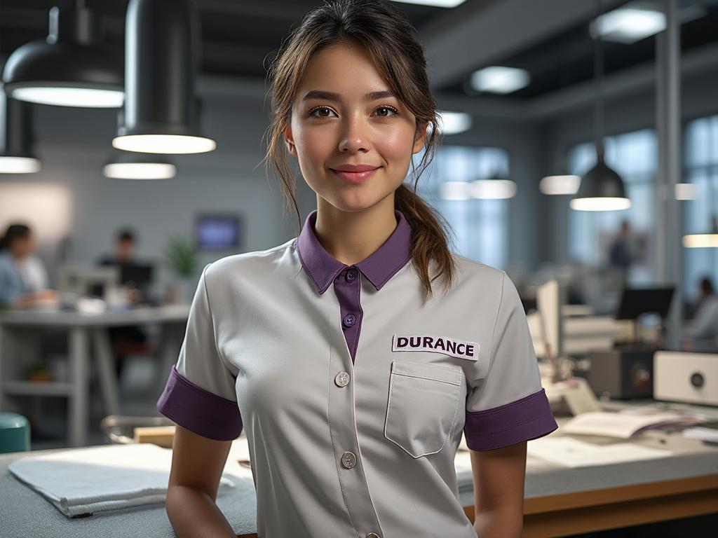 Mujer joven con uniforme de trabajo en una oficina moderna, sonriendo y posando frente a escritorios con computadoras.