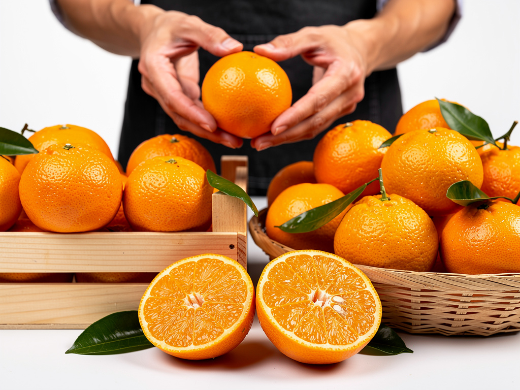 Manos sosteniendo una naranja fresca entre cajas y cestas de mandarinas con hojas verdes Manos sosteniendo una naranja fresca entre cajas y cestas de mandarinas con hojas verdes