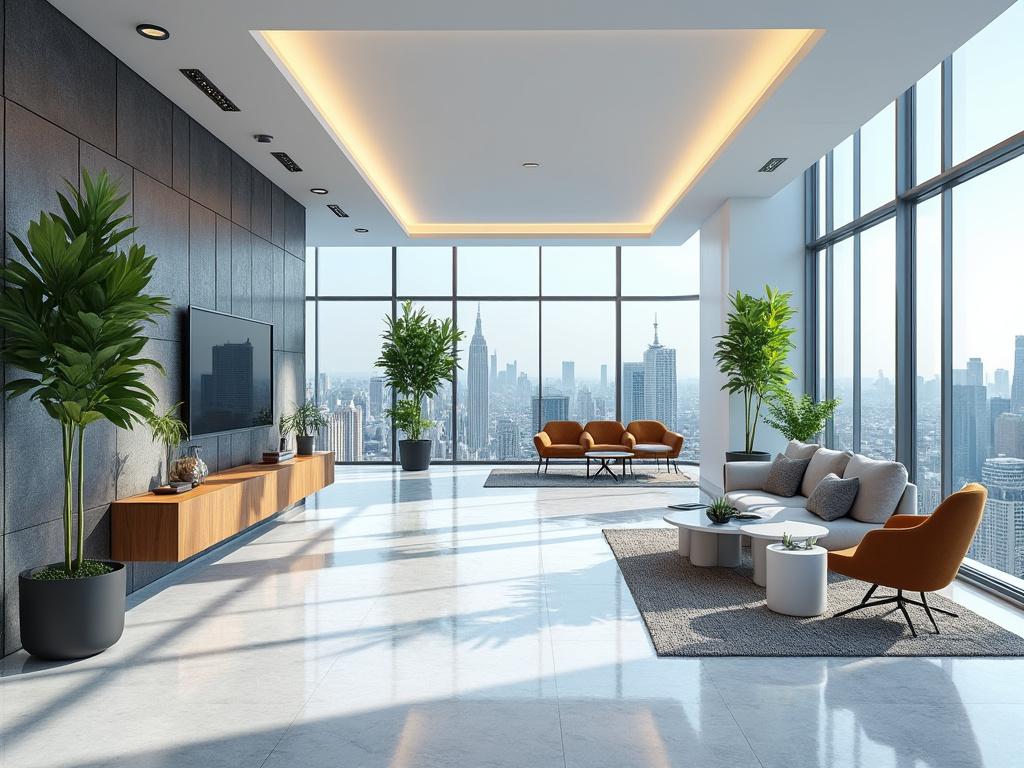 Moderno salón con grandes ventanales, sofás naranjas, plantas decorativas y vista panorámica de una ciudad.