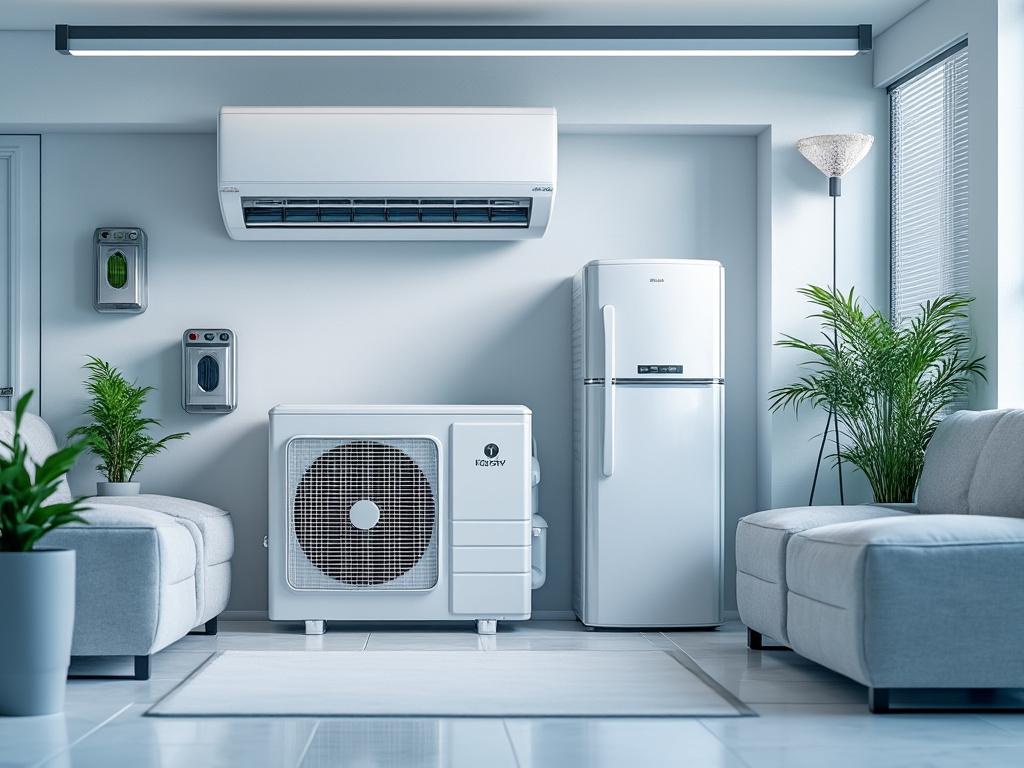 Sala moderna con aire acondicionado, refrigerador, plantas y sofás grises.