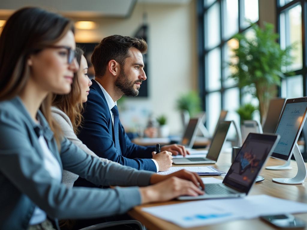 Grupo de profesionales trabajando en laptops en una oficina moderna con plantas y decoración minimalista. Grupo de profesionales trabajando en laptops en una oficina moderna con plantas y decoración minimalista.