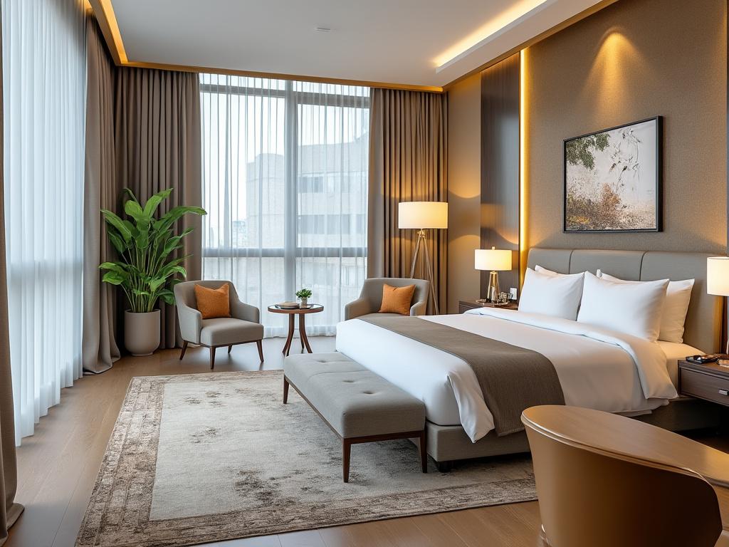 Habitación moderna y lujosa con cama grande, sillas elegantes, planta decorativa y luz natural entrando por grandes ventanas.