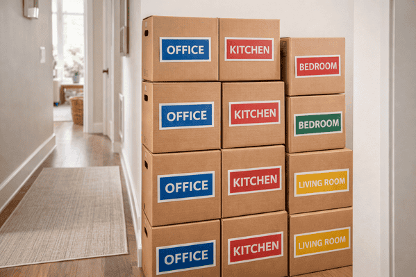 Color-coded labeled moving boxes packed by professional organizer